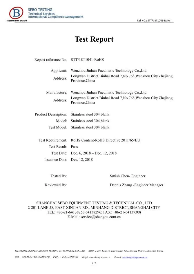 Test Report Certificate